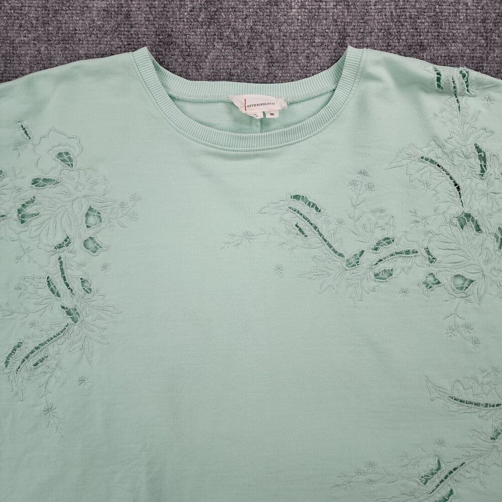 Anthropologie Sweatshirt Womens XS Green Floral Embroidered Lace Cropped Box Top - Picture 9 of 16
